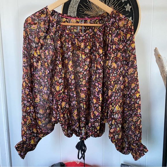 by Anthropologie Pauline Balloon-Sleeved Blouse Floral Black Tie Semi Sheer Top - Picture 4 of 15